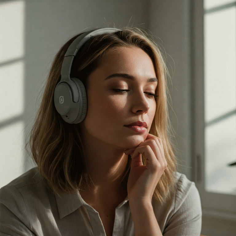 A young woman with blonde hair wearing gray headphones, looking serene with her eyes closed, against a blurred background.