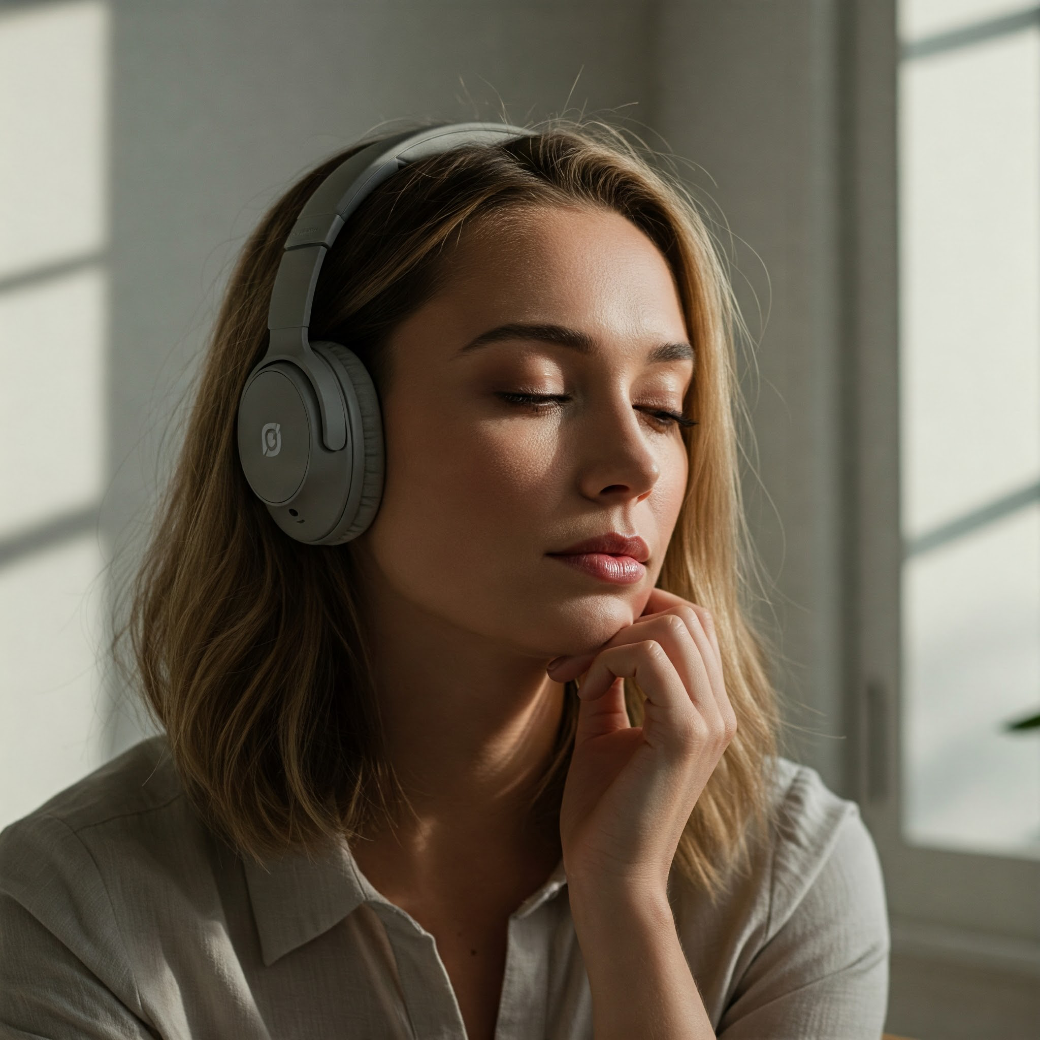 A young woman with blonde hair wearing gray headphones, looking serene with her eyes closed, against a blurred background.