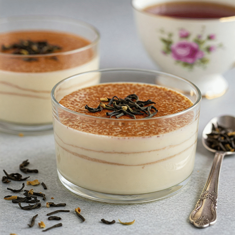 Two glasses of layered matcha and cream desserts, garnished with matcha powder and tea leaves, with a cup of tea in the background.