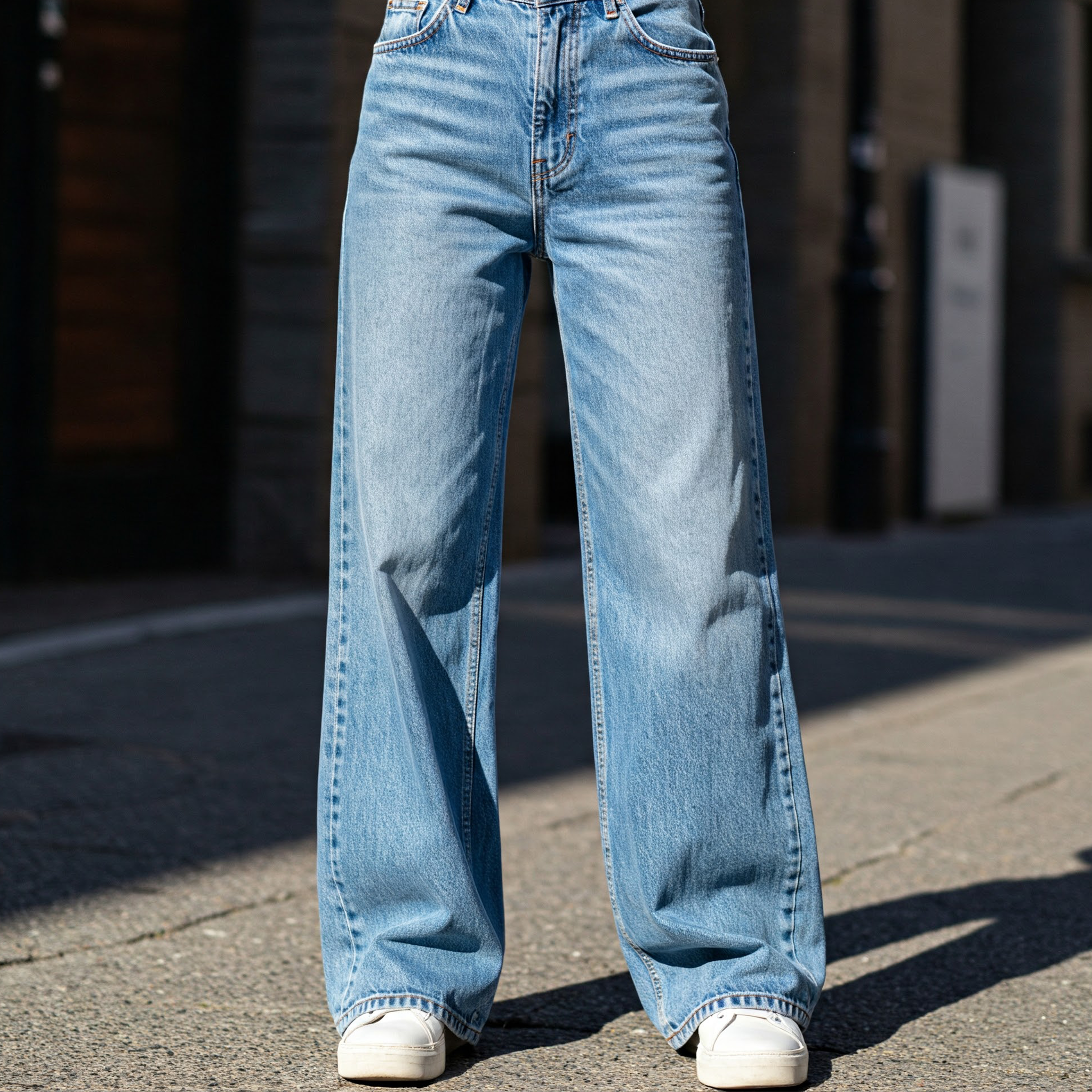A person wearing wide-leg jeans and white sneakers standing on a city street.