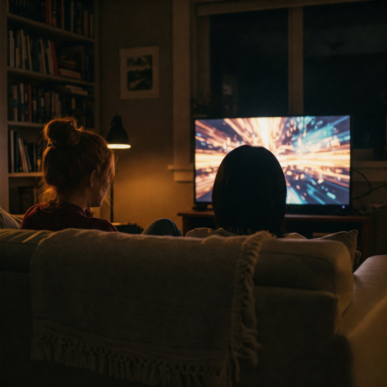 Two people sitting on a couch watching a brightly lit television screen in a dimly lit room.