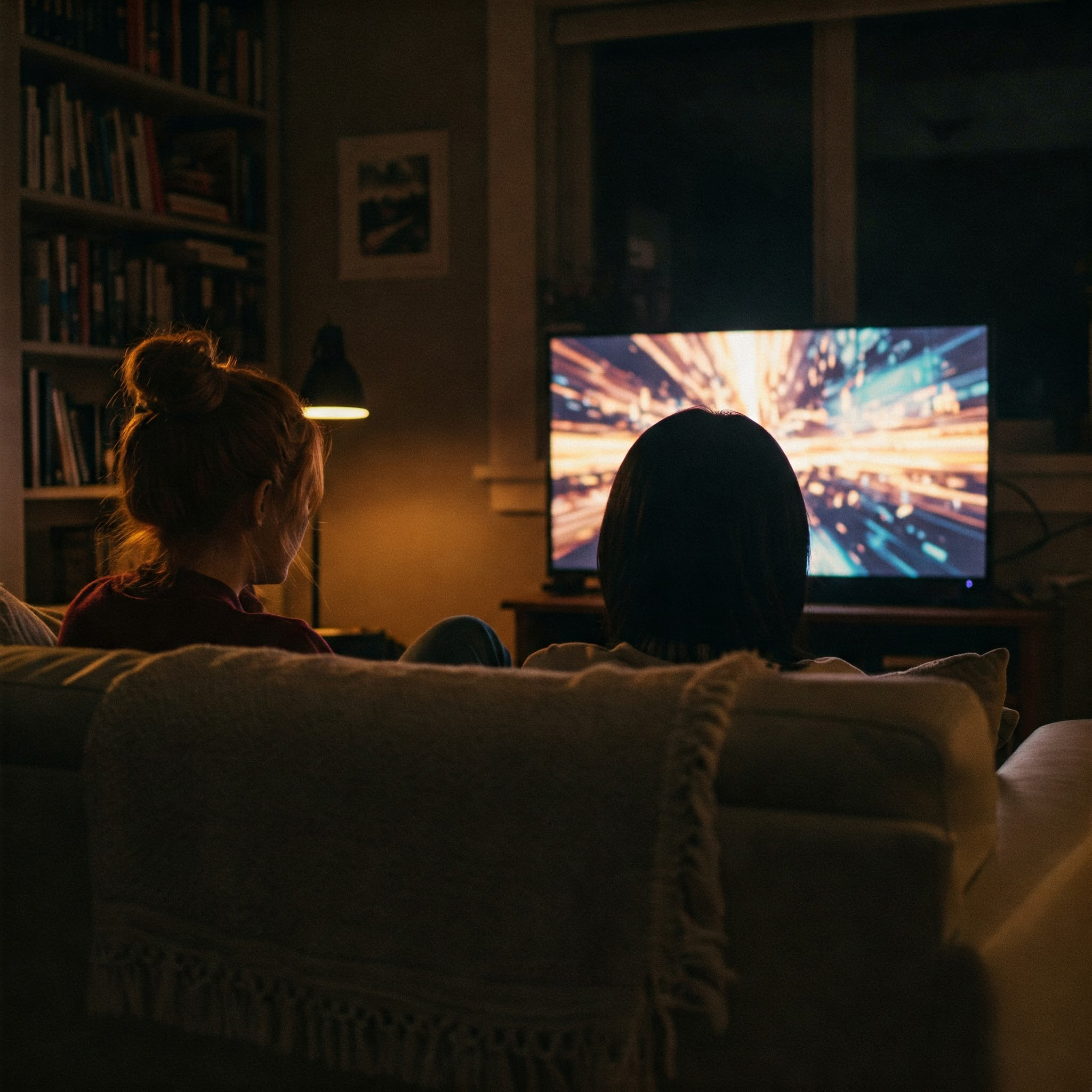 Two people sitting on a couch watching a brightly lit television screen in a dimly lit room.