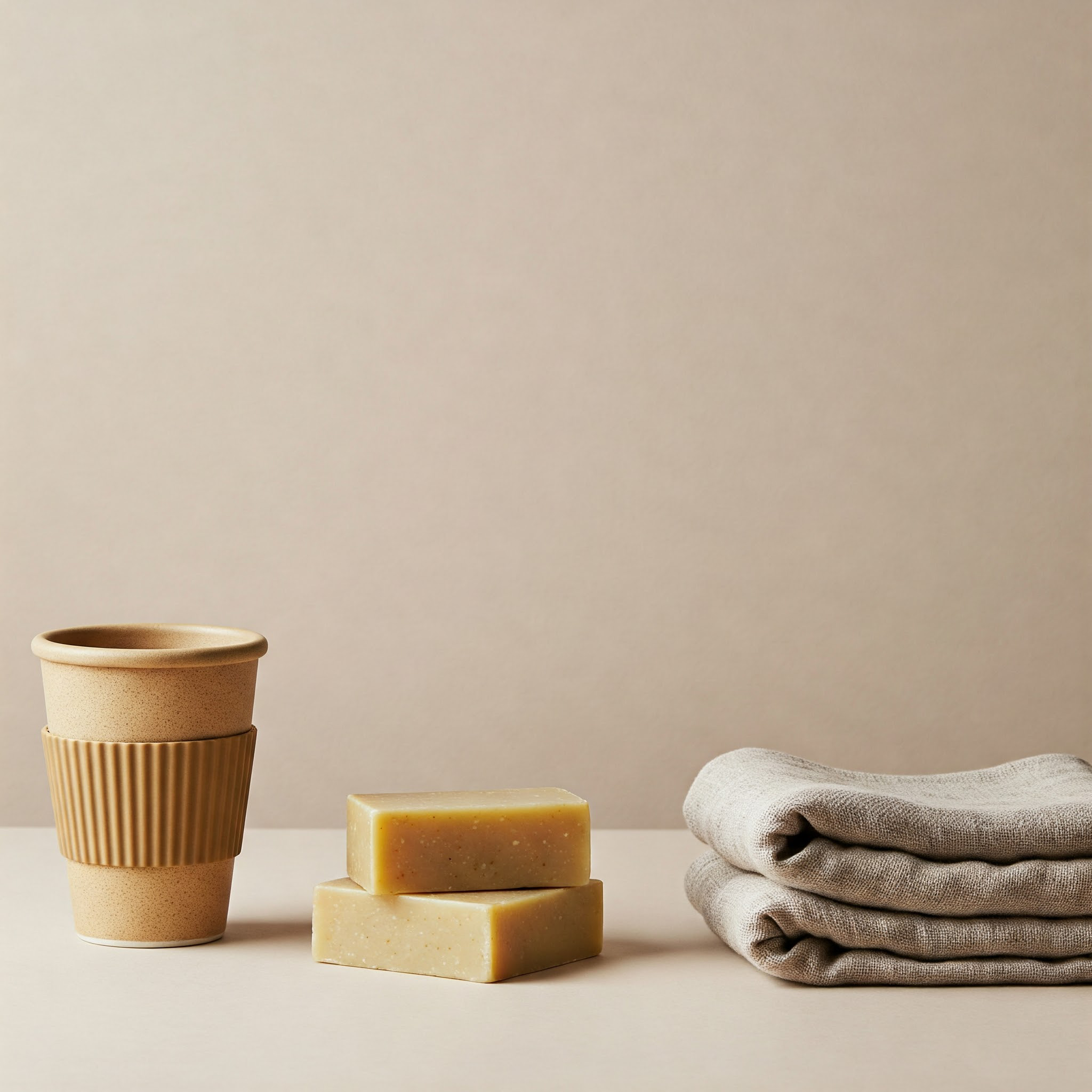 A minimalist arrangement of a reusable cup, two bars of soap, and a neatly folded towel on a beige background.