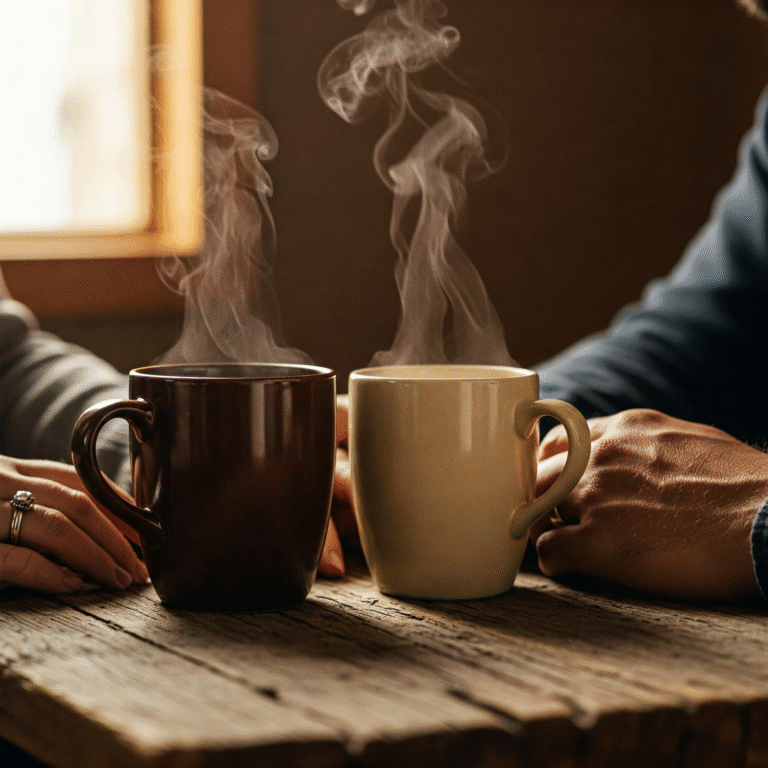 Two people enjoying coffee at a wooden table, with steam rising from the mugs.