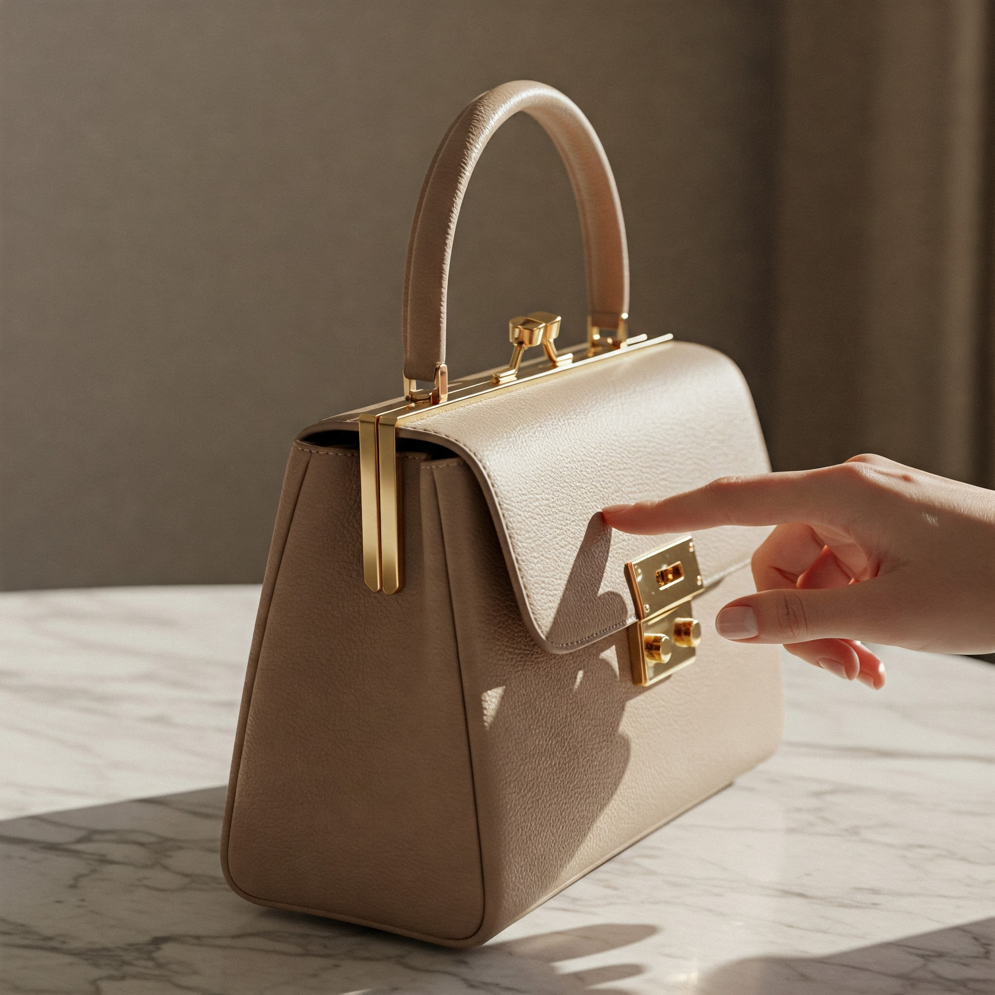 A beige leather handbag with gold hardware is displayed on a marble surface, with a person's hand near the clasp, suggesting interaction or presentation.