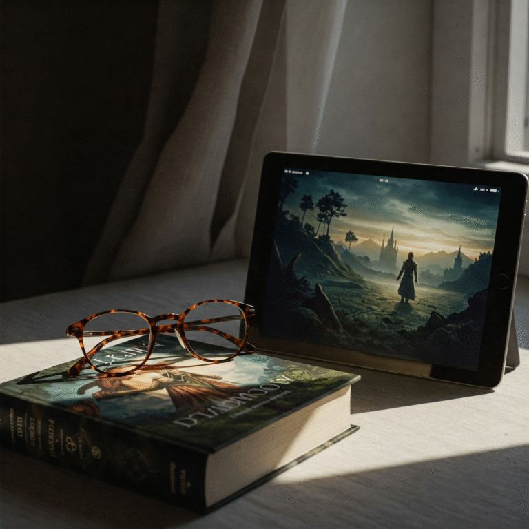 A table with a book, glasses, and a tablet displaying a scene from a movie or show.