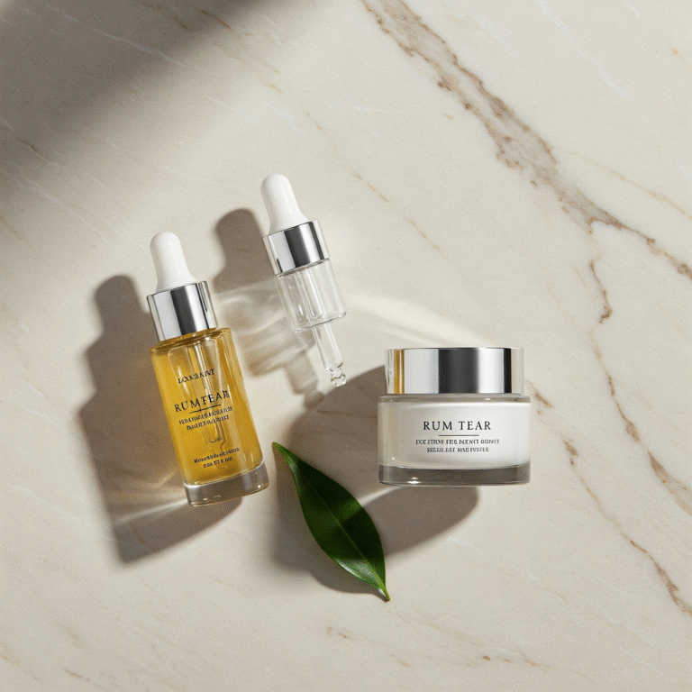 Three skincare product bottles on a marble surface.