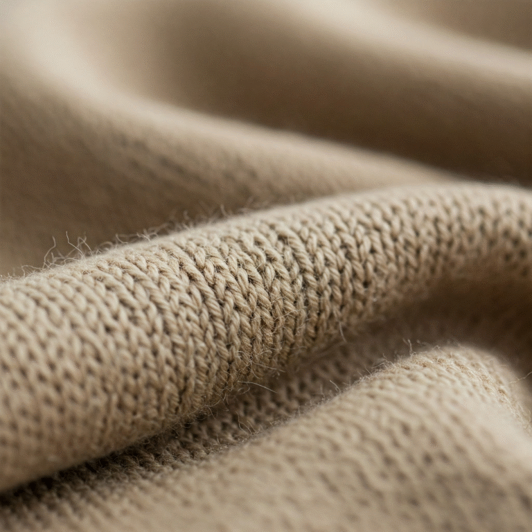 A close-up photograph of a neatly folded, luxurious beige knitted fabric, showcasing its intricate texture and soft, elegant folds.
