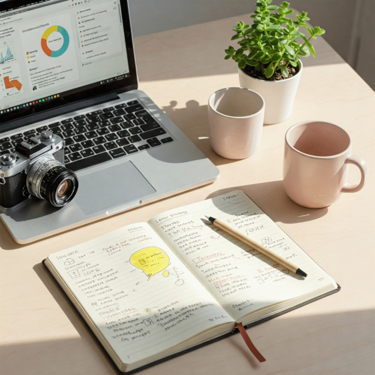 A person working at a table with a laptop, notebook, camera, and coffee mug.