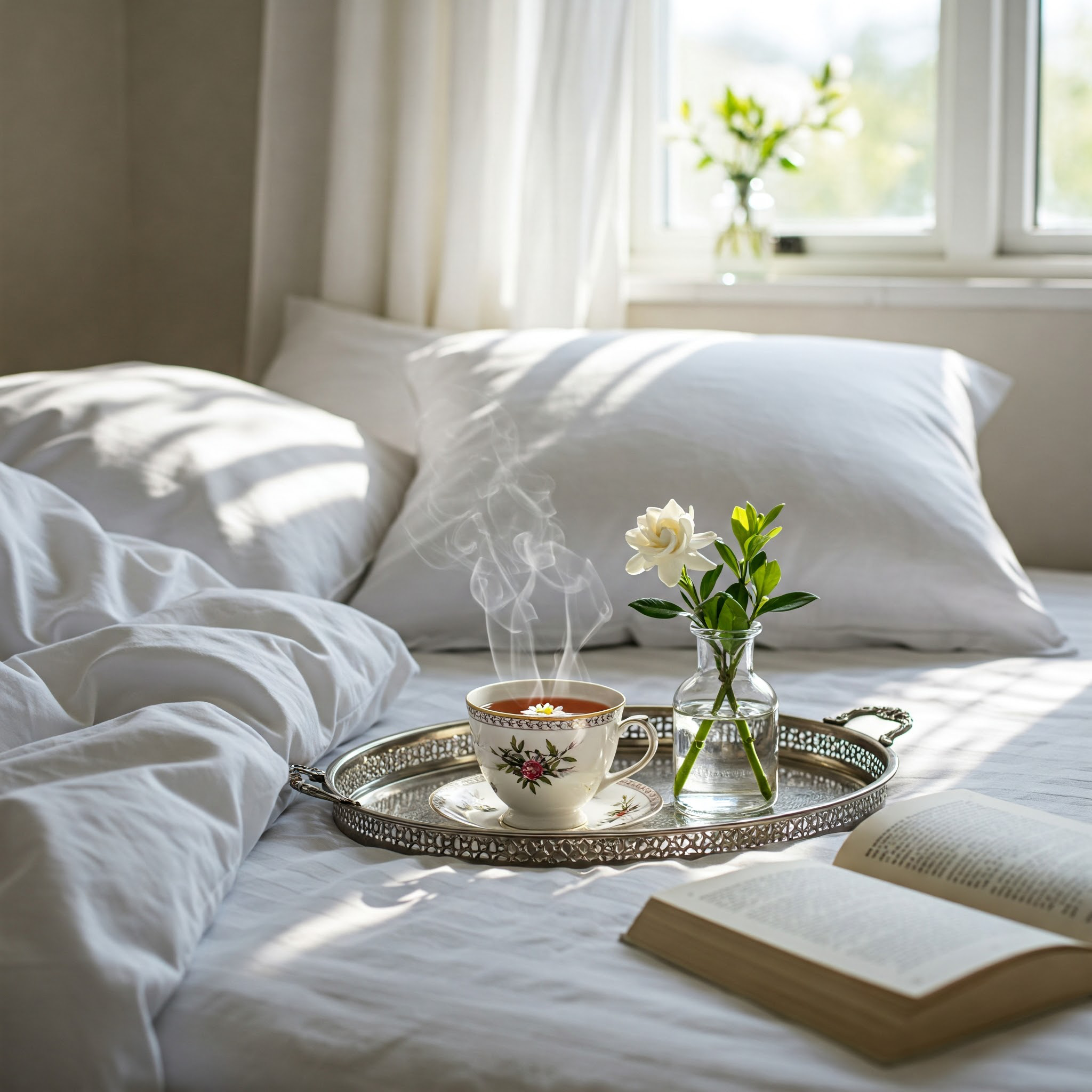 A breakfast tray with a cup of tea, a vase with a white flower, and an open book on a white bed with soft lighting.