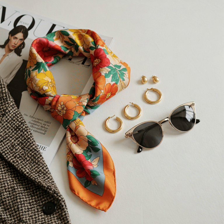 : A flat lay of a colorful floral scarf, sunglasses, earrings, and a magazine on a table.