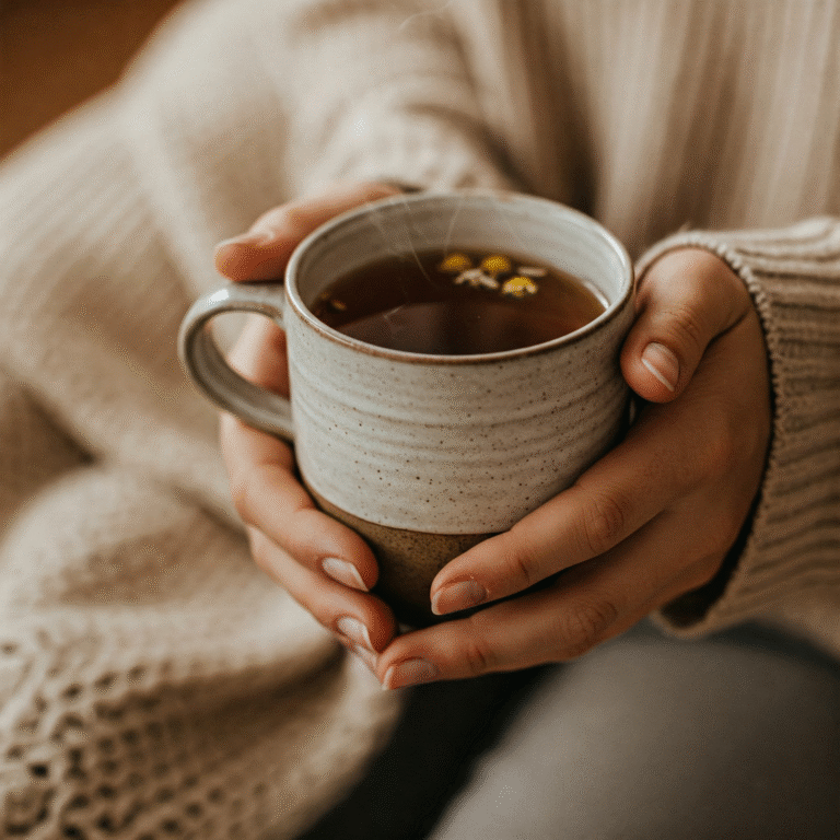 A person wearing a cozy sweater holds a steaming mug filled with a light-colored beverage, possibly tea, with small yellow flowers floating on top.