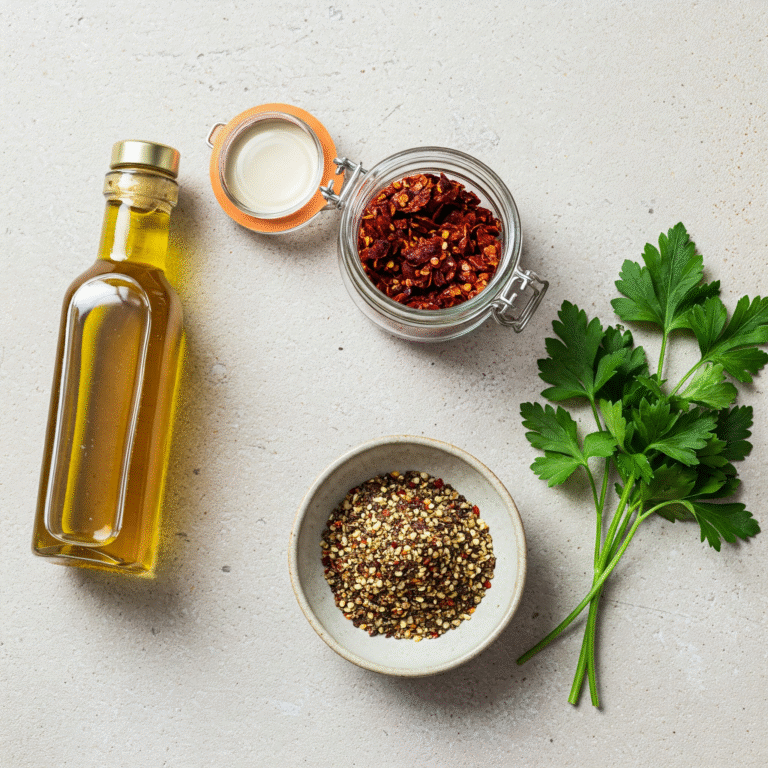 Flat lay of ingredients including olive oil, red pepper flakes, za'atar seasoning, and fresh parsley on a light gray background.