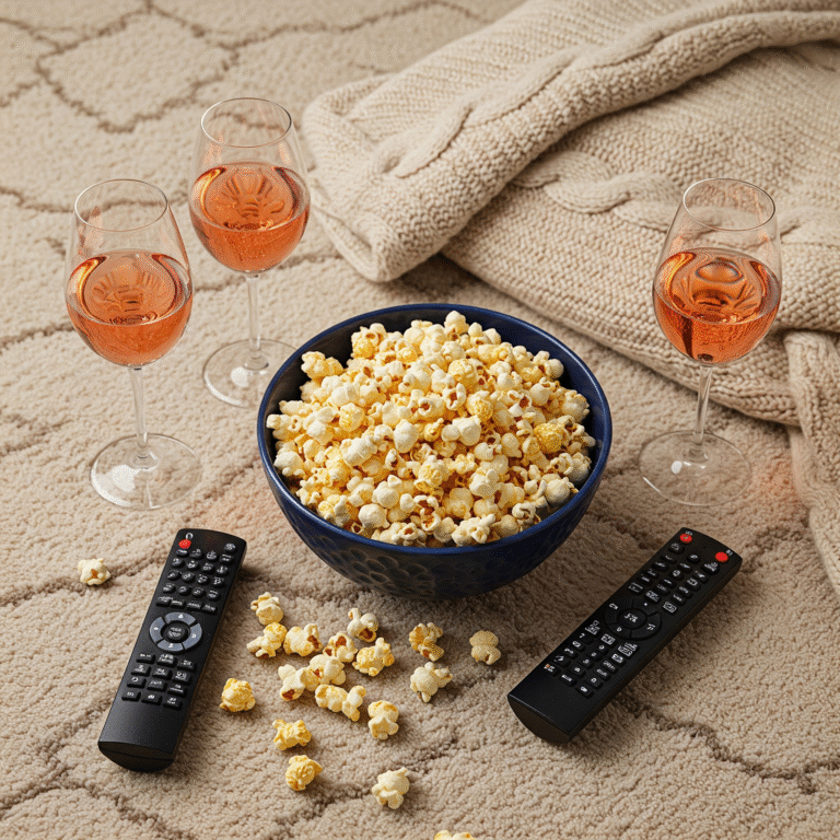A cozy setup with a bowl of popcorn, three glasses of rosé wine, and two remote controls on a beige carpet with a knitted blanket.